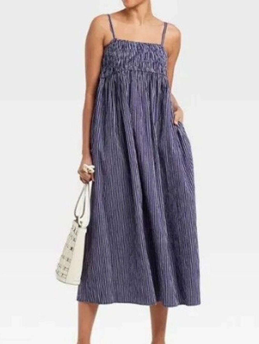 A New Day XXL Blue Striped Smocked Midi Maxi Dress Adjustable Straps